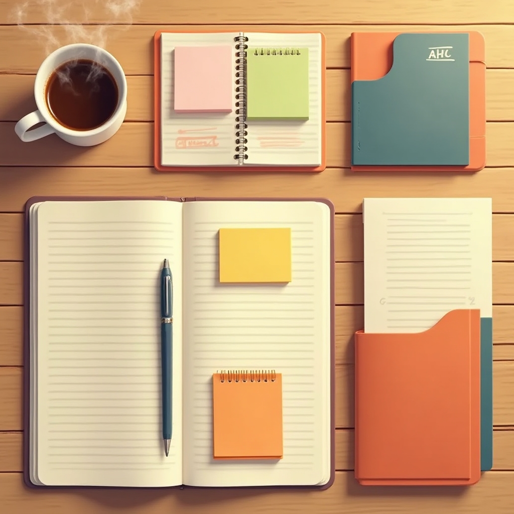 Escritorio organizado con sistema de notas y carpetas