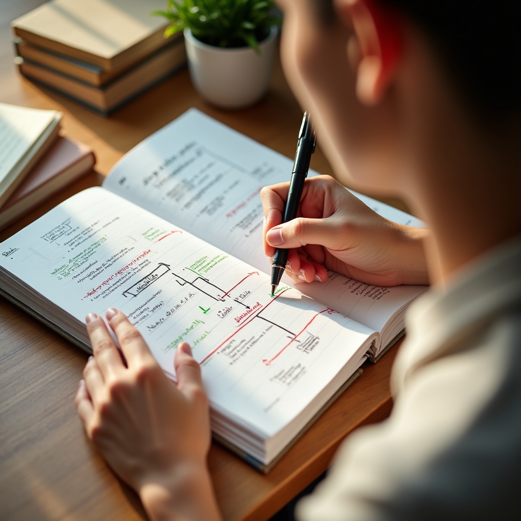 Profesional procesando ideas en cuaderno con esquemas mentales
